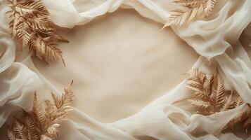 Delicate beige fabric with golden fern leaves creating a soft, elegant frame perfect for design or presentation. photo