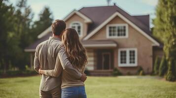 Couple embracing while admiring their beautiful home on a sunny day. photo