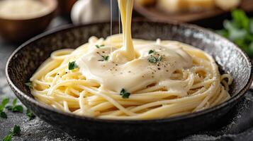 Delicious creamy pasta served in a black bowl, garnished with herbs and cheese, ready to indulge. photo