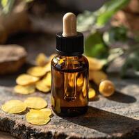 Amber dropper bottle with herbal extracts and dried leaves on natural stone surface, soft sunlight. photo