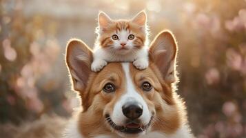 A playful kitten perched on the head of a smiling corgi, surrounded by a beautiful floral background. photo