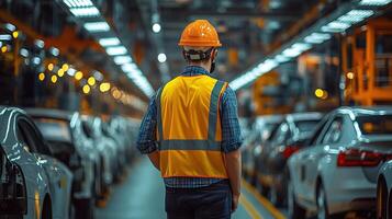 Worker inspecting vehicle production line in a manufacturing facility. photo