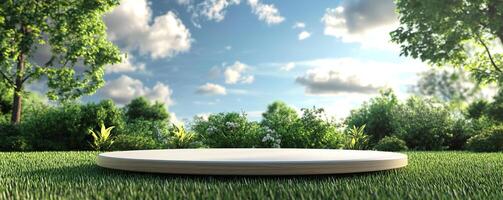 Modern circular platform surrounded by lush greenery under a clear sky, perfect for outdoor events or displays. photo