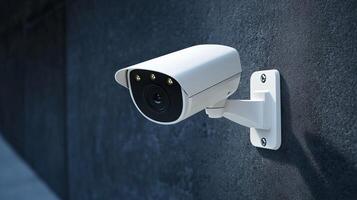 Security camera mounted on a wall, white isolated background. photo