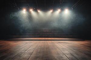Dimly lit stage with dramatic lighting and smoke effects, perfect for theatrical performances or events. photo