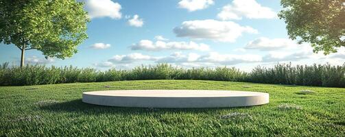 A circular pedestal on a grassy area under a blue sky with fluffy clouds, symbolizing creativity and potential. photo