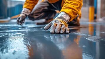 Worker applying epoxy resin on floor, close up, construction site, hands in gloves, industrial environment. photo