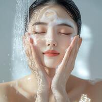 A serene woman indulging in a facial wash, surrounded by soothing water droplets. photo