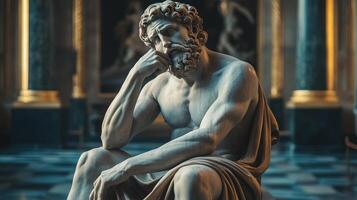 antiguo mármol escultura representando un contemplativo figura en un grandioso, histórico ajuste. foto