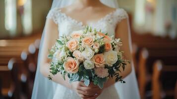 Bride holding a beautiful bouquet of roses in a serene church setting. photo