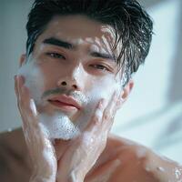 Close-up of a young man applying facial foam, natural light, serene expression, clean and fresh appearance. photo