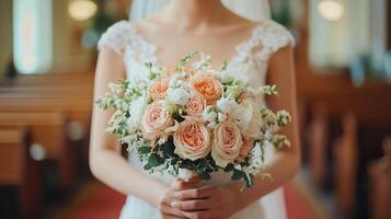 Bride holding a beautiful bouquet of roses in a church setting. photo