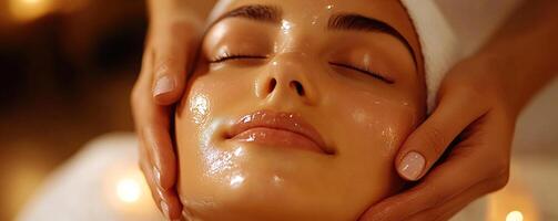 Close-up of a woman enjoying a relaxing facial treatment with gentle hands applying a nourishing mask. photo