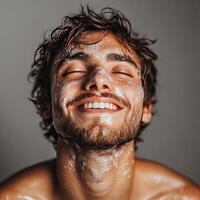 A young man smiling with a clean face, enjoying a refreshing skincare routine. photo