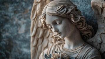 Close-up of an intricately detailed angel statue, exuding serenity and grace. photo