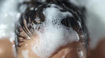 Close-up of a person's head with soap bubbles, showcasing hair and foam in a personal care setting. photo