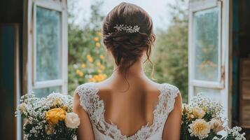 Bride holding flowers while looking out of an open window, exuding elegance and romance. photo