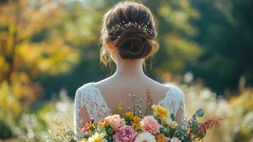Bride holding bouquet of flowers, outdoors in a picturesque setting, soft focus background, serene ambiance. photo