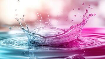 Colorful water splash on surface, creating ripples and vibrant reflections, ideal for creative backgrounds. photo