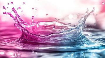 Colorful water splash with vibrant blue and pink hues against a soft background. photo