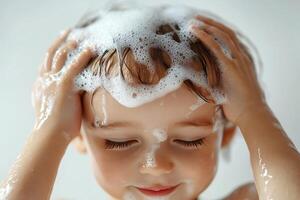 Happy child enjoying a bath with soap bubbles, playful moment captured with a serene expression. photo
