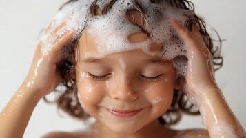 Happy child enjoying a bubble bath, playfully washing hair with soap. photo