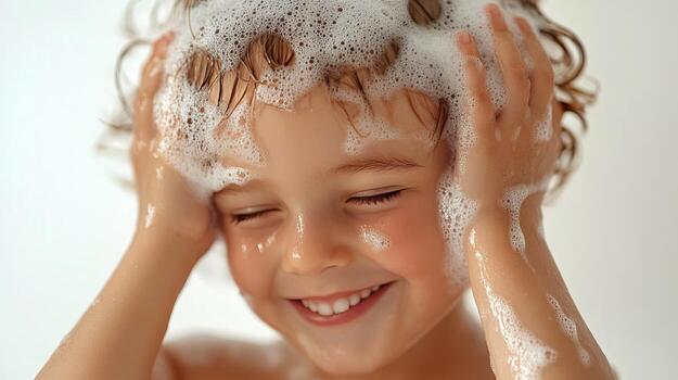 Joyful child with curly hair enjoying a bubbly bath, smiling brightly in a fun moment of cleanliness. photo