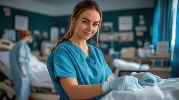 Healthcare professional smiling warmly in a hospital setting, showcasing compassion and care for patients. photo