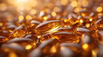 Golden oil capsules on a reflective surface, soft focus background. photo