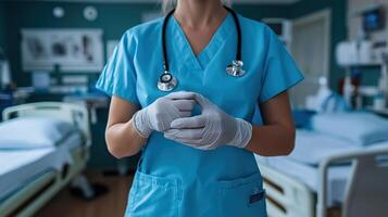 Medical professional preparing for patient care in a hospital environment with scrubs and stethoscope. photo