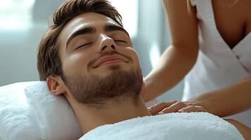 Relaxed young man enjoying a spa treatment with a peaceful expression on his face. photo