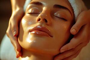 Relaxing facial treatment with soothing oils, spa ambiance, peaceful expression, dedicated skincare. photo