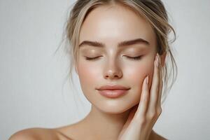 Serene woman with closed eyes, gently touching her face, showcasing natural beauty with soft lighting. photo