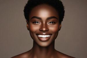 Smiling woman with glowing skin, portrait on neutral background, showcasing beauty and confidence. photo