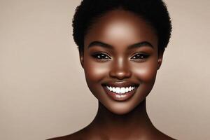 Smiling woman with glowing skin, showcasing natural beauty against a soft, neutral background. photo