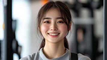 Smiling young woman in gym attire, standing confidently in a fitness environment. photo