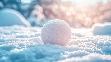 Snowball resting on untouched snow at sunrise, soft lighting and cool tones create a serene winter scene. photo