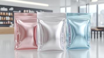Three stylish metallic pouches in pink, silver, and blue on a modern background, ideal for packaging products. photo