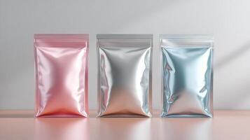 Three colorful metallic packaging bags on a minimalist surface. photo