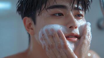Young man cleansing face with soap, concentrating on self-care in a bright bathroom ambiance. photo