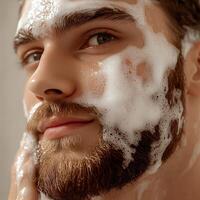 Young man with a beard applying foam on his face in a relaxing personal care routine. photo
