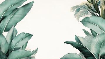 Tropical green leaves on a light background, perfect for nature-themed designs. photo
