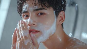 Young man washing his face with foam in the bathroom, clean and fresh appearance. photo