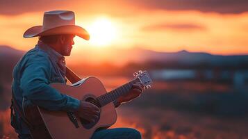 A cowboy playing guitar at sunset, capturing the essence of freedom and music in nature's beauty. photo