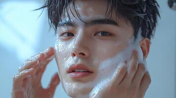 Young man applying facial cleanser, water droplets on skin, natural beauty routine, fresh and clean look. photo