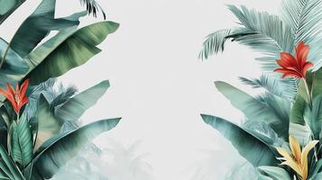 Tropical leaves and vibrant flowers framing a light background, ideal for natural and floral themes. photo