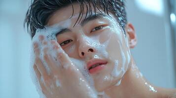Young man washing his face with soap in a bathroom, water dripping, clean and refreshing atmosphere. photo