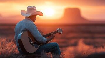 Cowboy playing guitar at sunset in a scenic landscape, capturing the essence of rural music and tranquility. photo