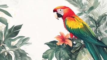 Bright parrot perched among lush leaves and flowers, showcasing vivid colors, ideal for nature-themed designs. photo