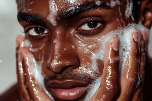 Close-up of a young man cleansing his face with soap, showcasing a skincare routine and fresh skin. photo